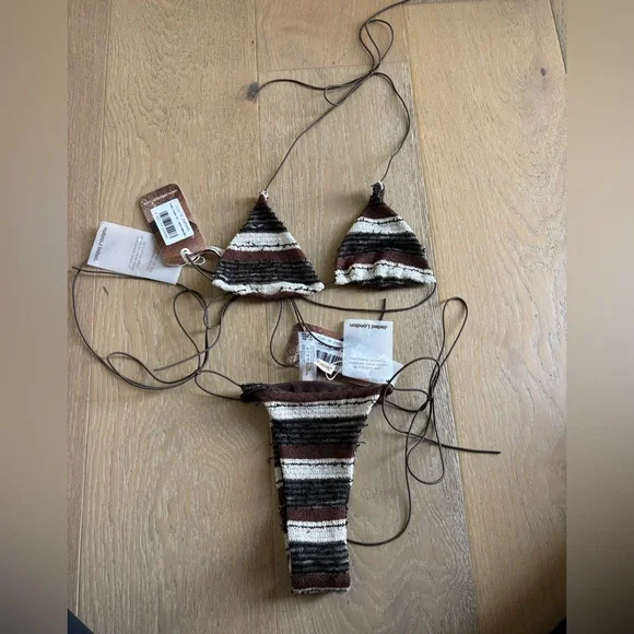 Jaded London Cata Stripe Micro Ruffle Knit Bikini Set Trianlge Top & Bottoms 6 - Picture 6 of 11